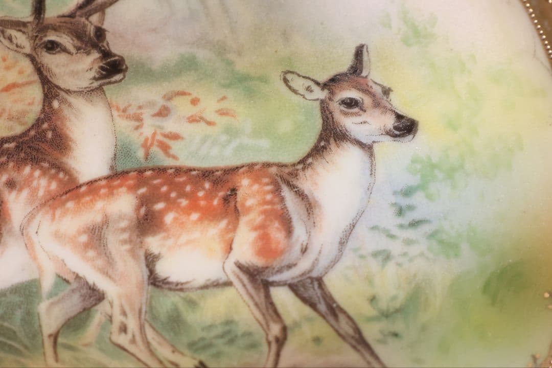 【CM298】オールドノリタケ 鹿 皿 プレート 金彩 盛上 緑 グリーン 明治