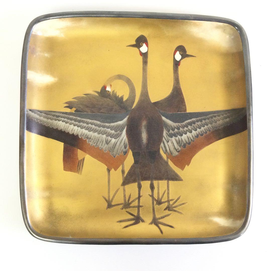宝漆陶 大仲翠月作 金彩鳥絵四方皿 供箱 M
