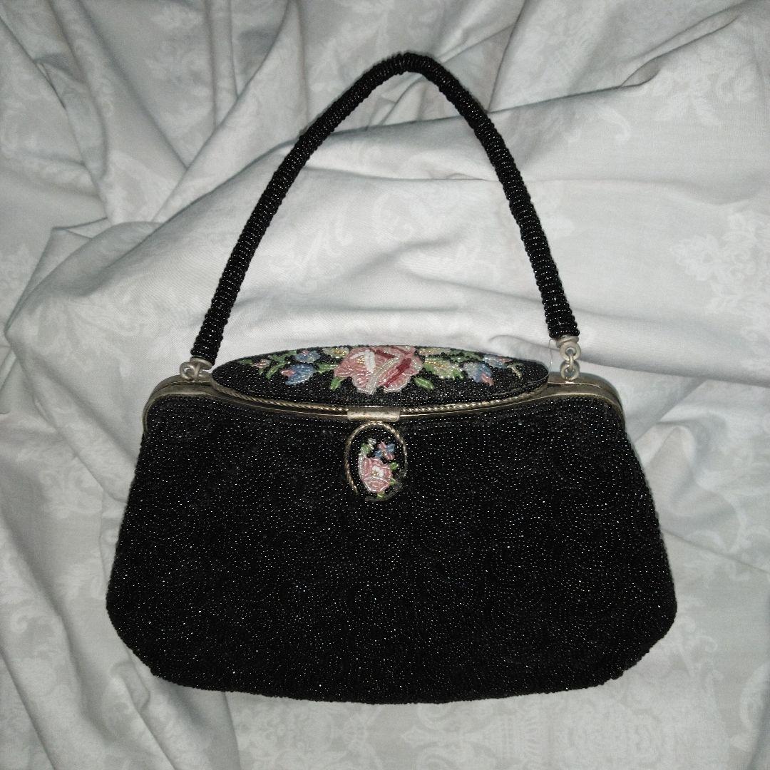 中古　レトロ　ビーズ　バック　インテリア　鏡有　ビーズ解れ有　クラッチ　タイプ