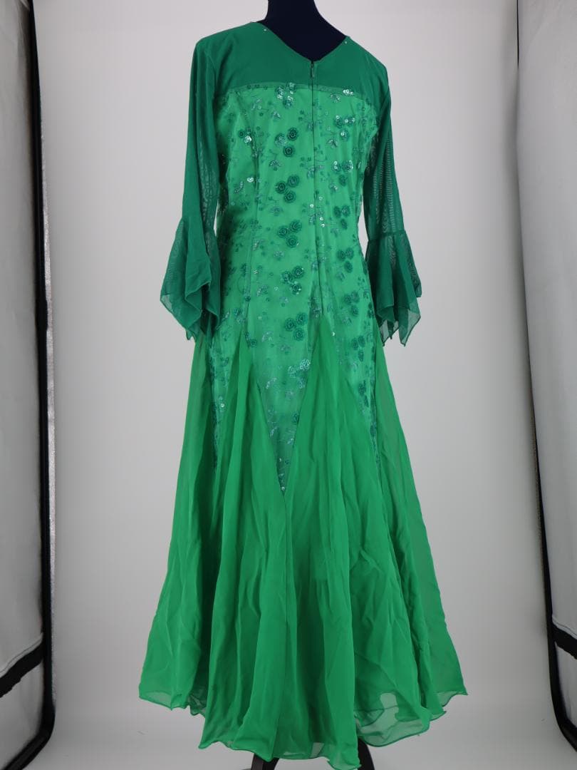 【美品 社交ダンス衣装】鮮やかグリーン×レース地 ドレス スタンダード モダン
