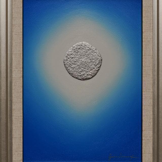 F4額装タテ46.9cm●がんどうあつし絵画油絵青プラチナシルバー銀光冷静沈静