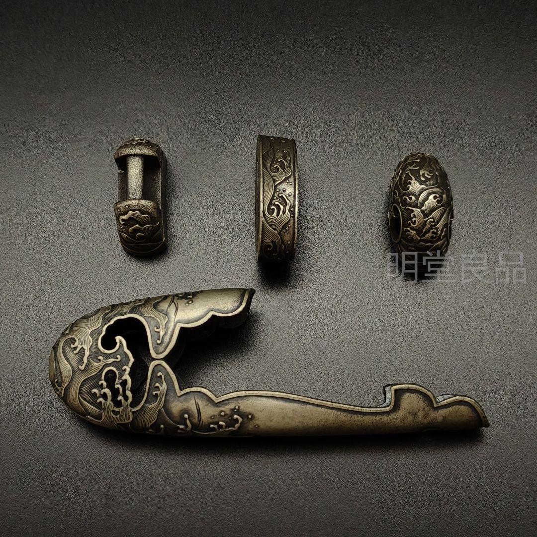 年末セール　柄鞘一式金具　縁頭　栗形　鐺　海波の図　突兵拵　銅製　日本刀装具