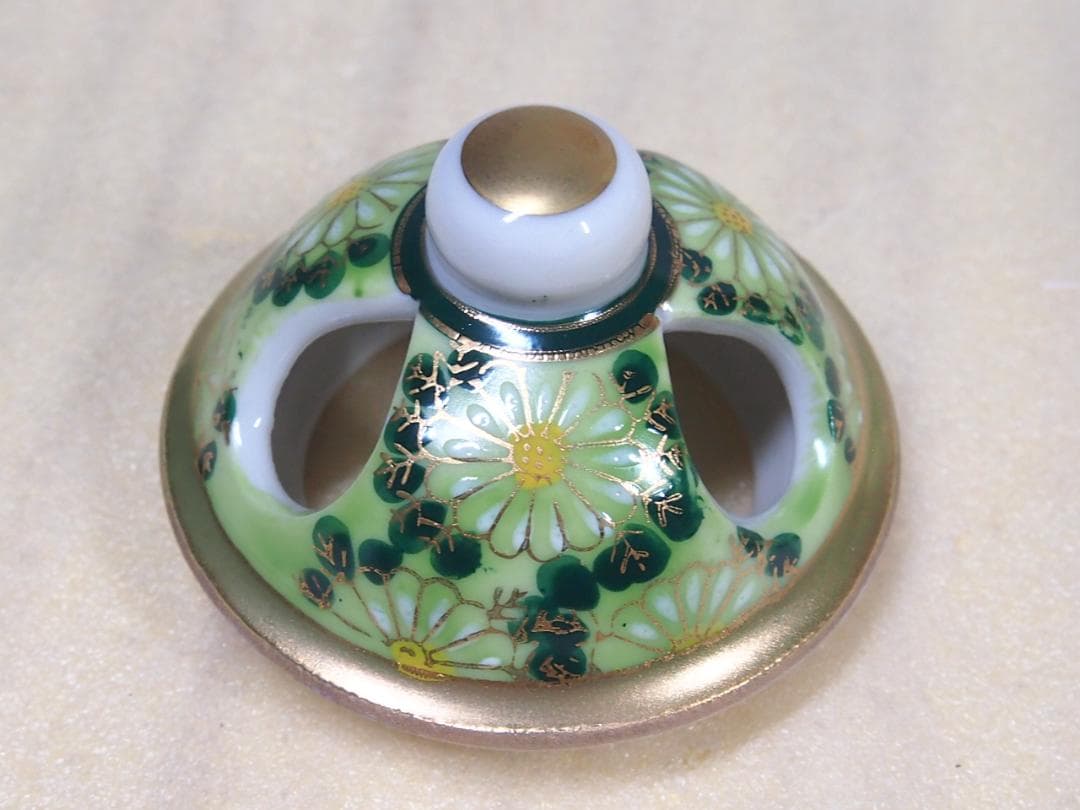 【未使用】九谷焼 九谷陶宝造 香炉 菊文 菊詰/花詰 グリーン緑 茶道具/香道具
