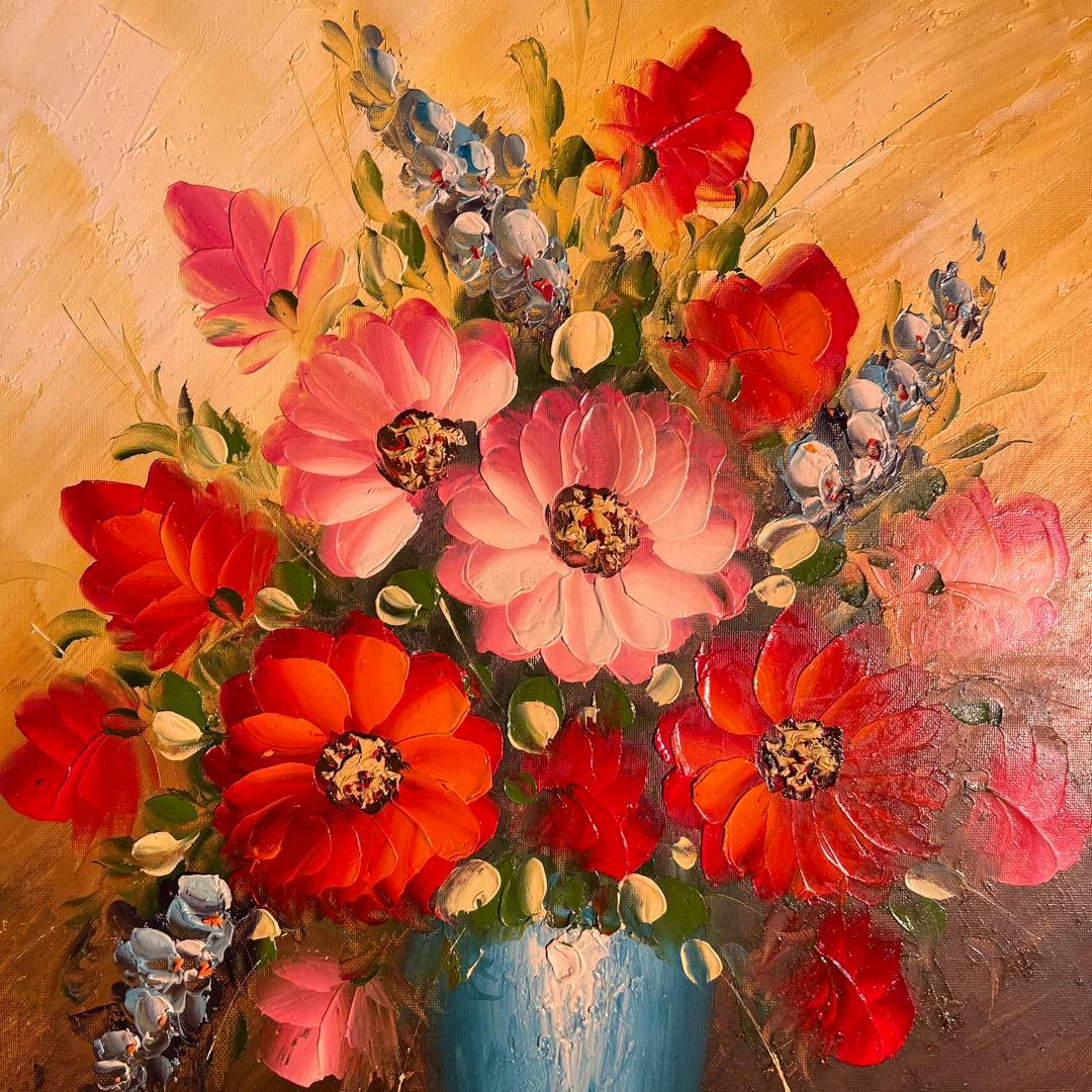 手書き油絵 花瓶の花 額付 肉筆絵画 インテリア 油彩画