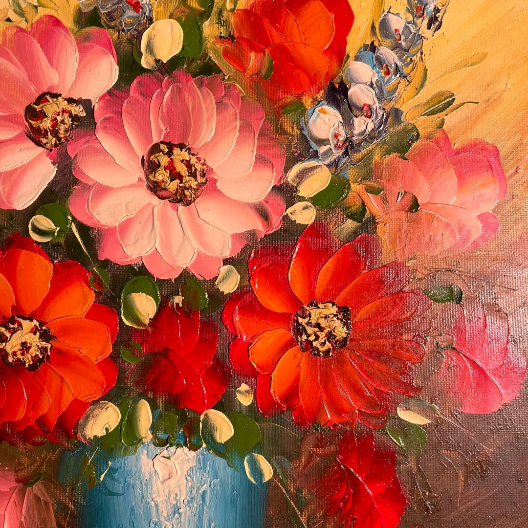 手書き油絵 花瓶の花 額付 肉筆絵画 インテリア 油彩画