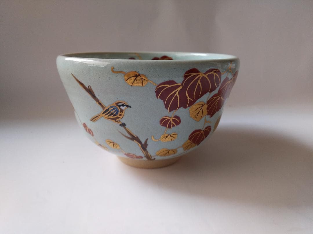 橋本紫雲 平安紫雲 色絵 失透釉 蔦ニ百舌文 茶碗 共箱 共布 茶道具 新品