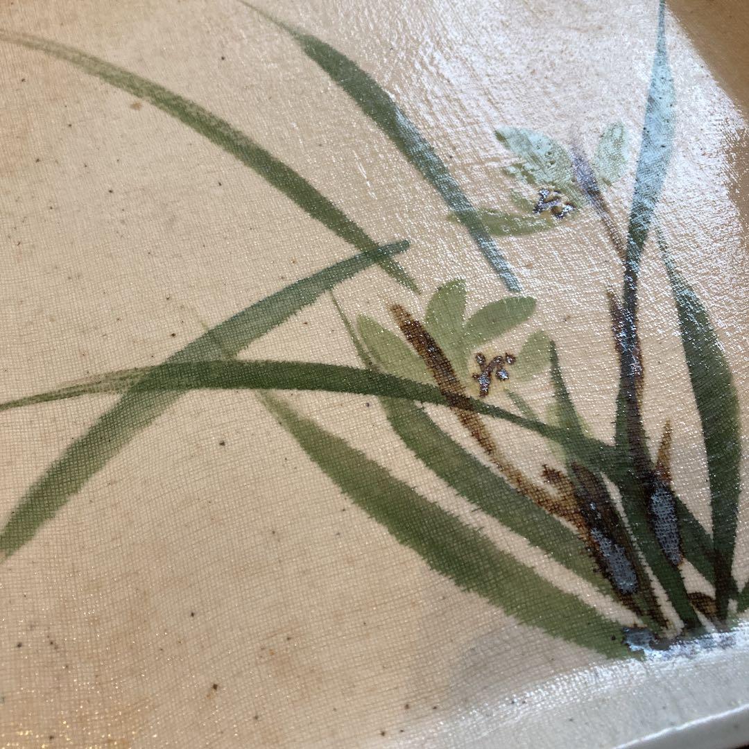 陶器 大皿 2枚組 益子焼 梅 丸皿／在銘 水仙 布目 角皿 レトロ和食器 和皿