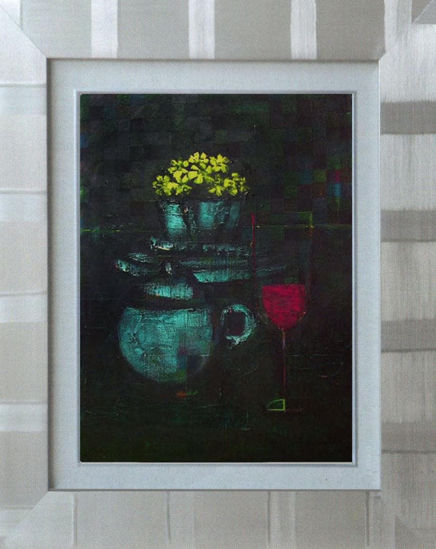 油絵 菅家令子絵 絵画インテリア額付(青緑＋金色の枠)uF6-063404静物花