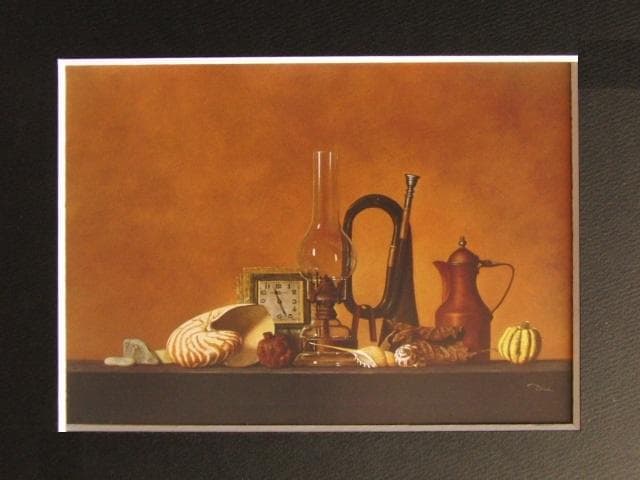 前田俊幸、置時計とランプの静物、希少な額装用画集より、新品高級額装付