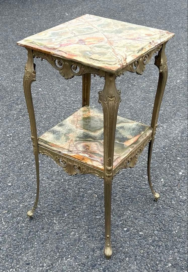 アンティーク 大理石 グリーンオニキス サイドテーブル 2段式