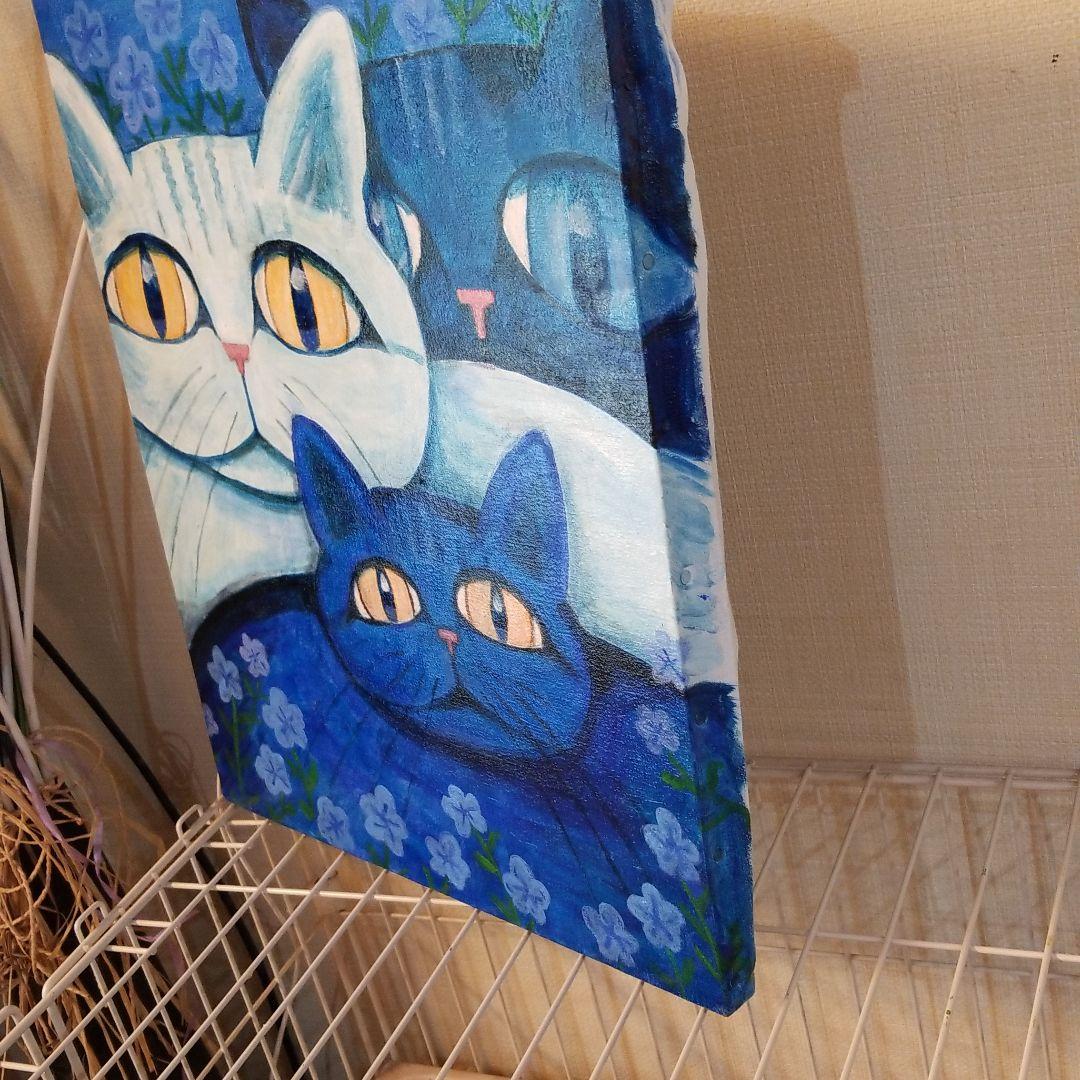 油絵　専用　三代そろった猫と青い花