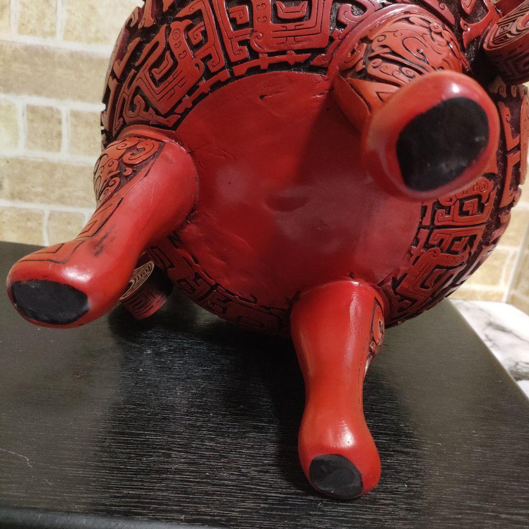 【希少】中国 堆朱 三足香炉 大香炉 香道具 獅子 細密彫刻 饕餮古獣紋32cm