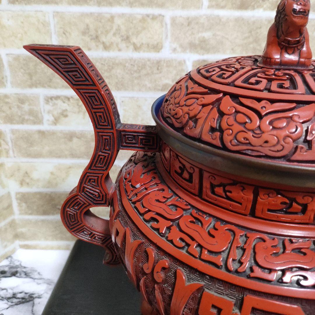 【希少】中国 堆朱 三足香炉 大香炉 香道具 獅子 細密彫刻 饕餮古獣紋32cm