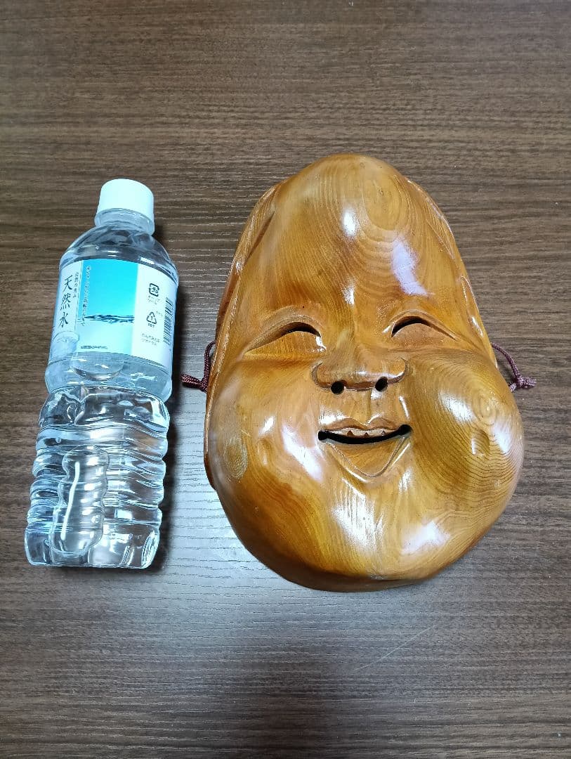 骨董　木製面　おかめ 　縁起物　手掘り　木彫り　壁掛け　お面