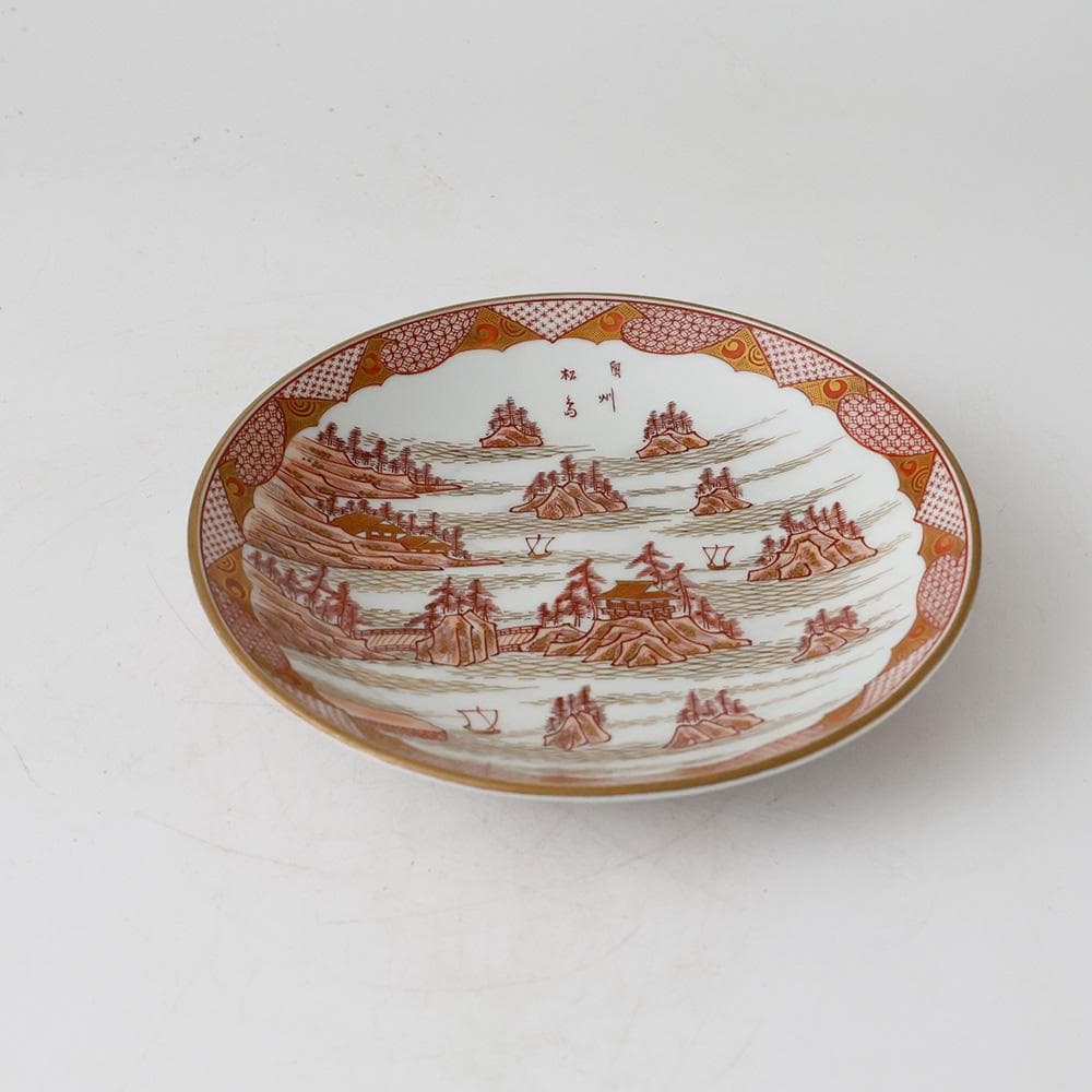 九谷焼 松鶴堂 金彩赤絵皿 五客 奥州松島図 五客 小紋画 木箱