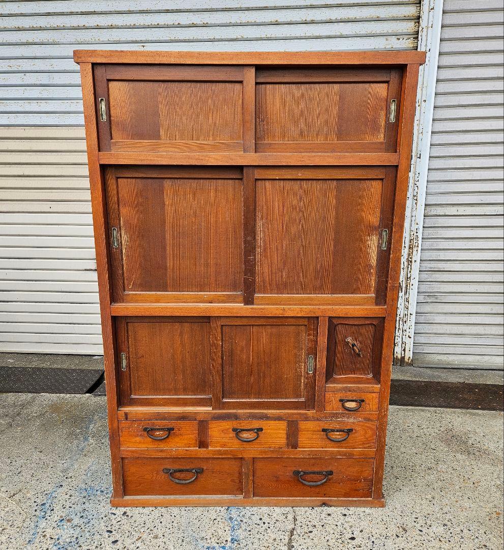 日本のアンティーク 古い水屋箪笥 無垢材 木製 茶箪笥 食器棚 古家具