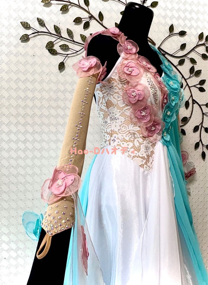 新品★ダンスドレス★スタンダード★社交ダンス★競技会★パーティー★花★バイカラー