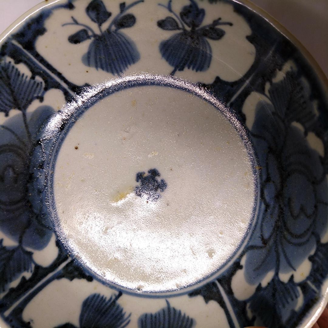 古伊万里 角福 くらわんか皿 江戸中期 染付 牡丹 中皿