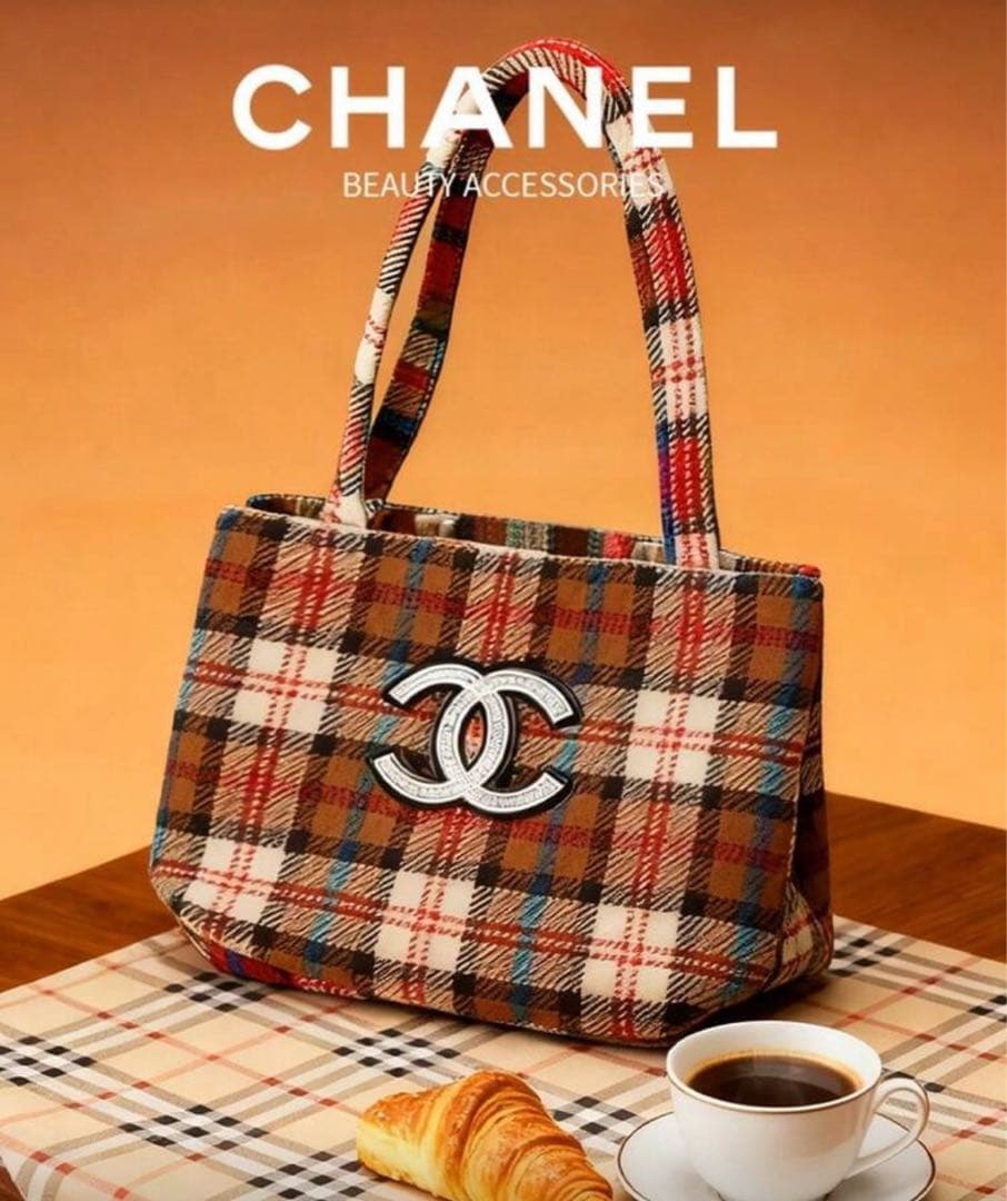 CHANEL シャネルノベルティ　トートバッグ　ハンドバッグ　チェック　ブラウン