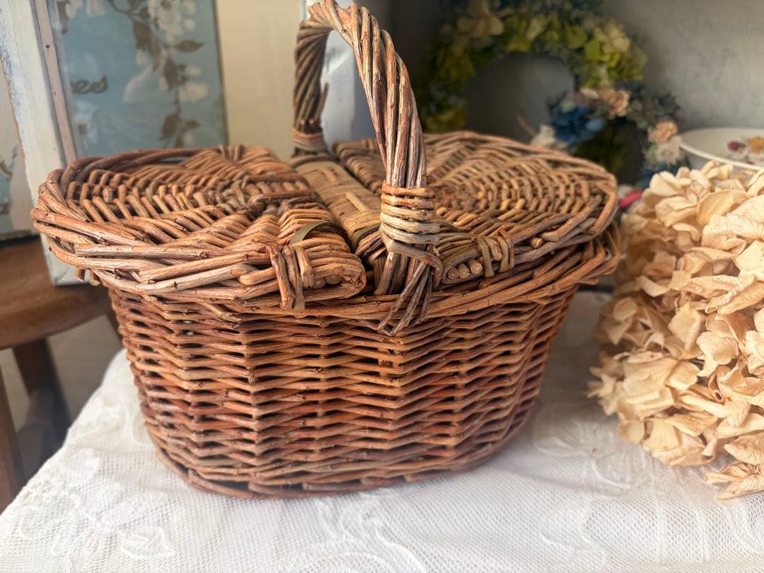 フランスアンティーク パニエ 木製 バスケット 藤 かご 籠 ボックス 蚤の市