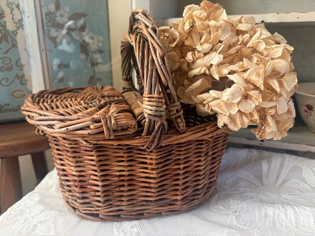 フランスアンティーク パニエ 木製 バスケット 藤 かご 籠 ボックス 蚤の市