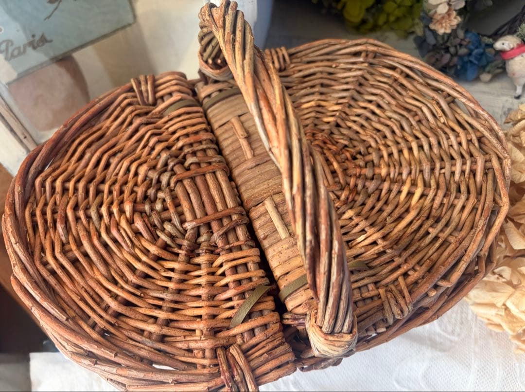 フランスアンティーク パニエ 木製 バスケット 藤 かご 籠 ボックス 蚤の市
