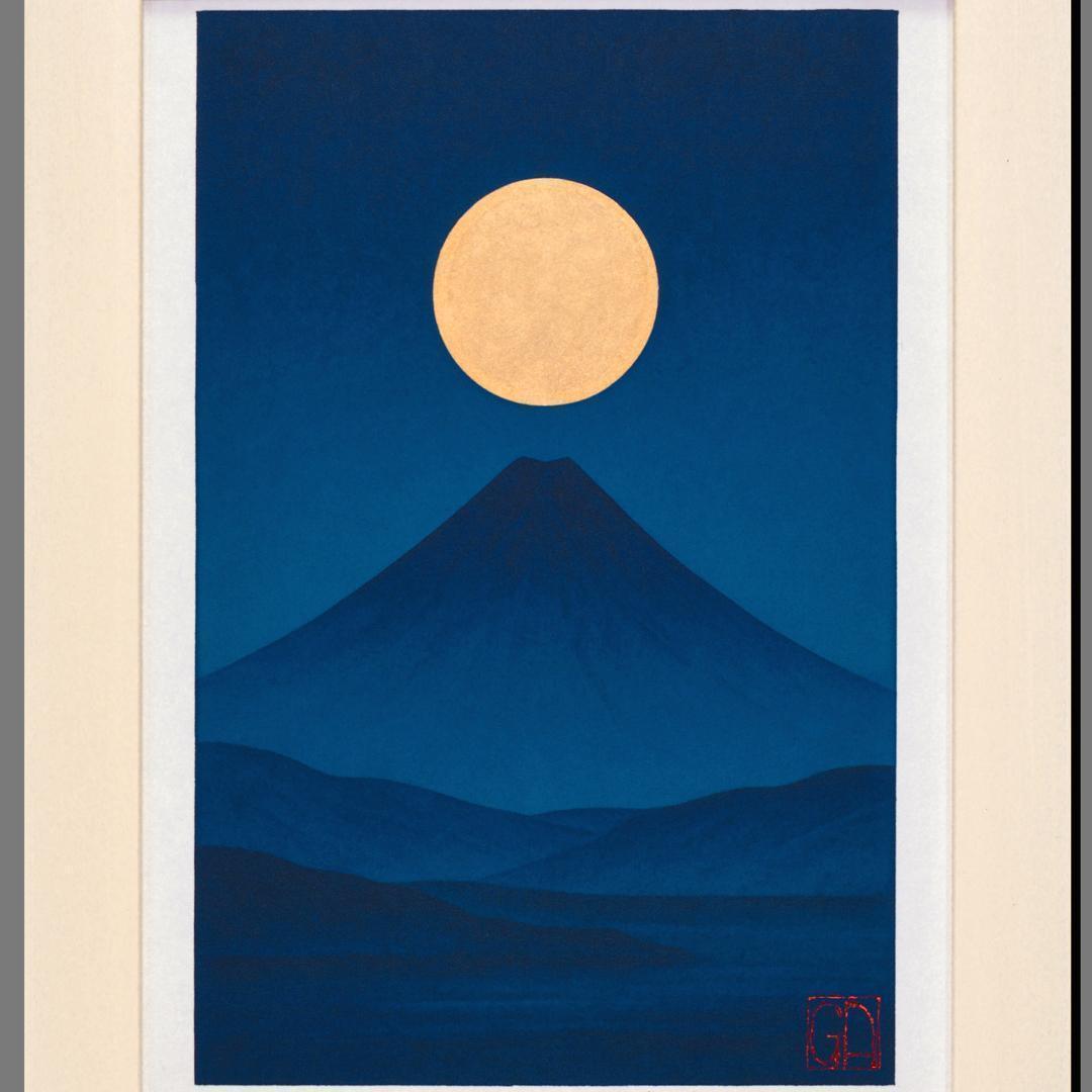 『青嶺円照』●SM油彩額付タテ36.3cm銀シルバー満月富士山がんどうあつし油絵