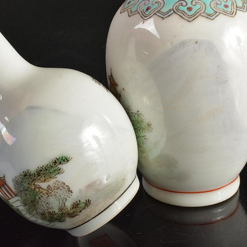 中国　乾隆年製款　粉彩　漢詩山水文　小瓶　2点まとめて　V　R6645