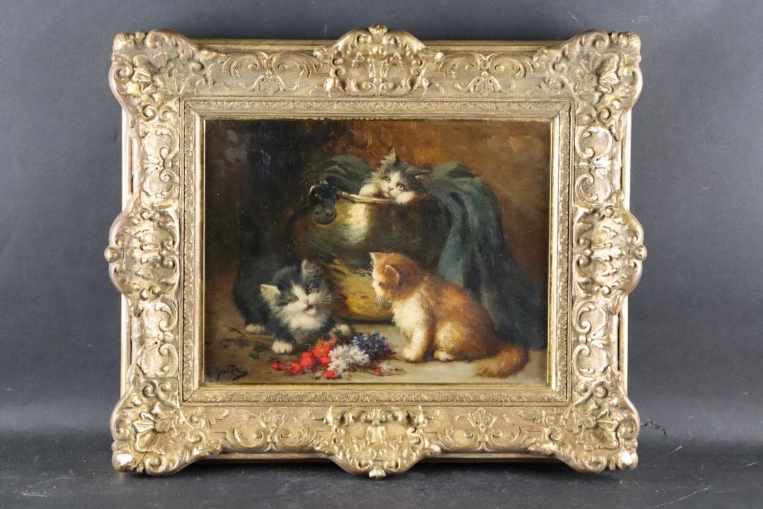 真作保証 19世紀 古画 「3匹の猫」 油彩4号 希少な動物画