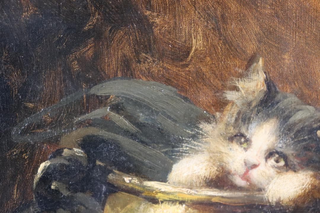 真作保証 19世紀 古画 「3匹の猫」 油彩4号 希少な動物画