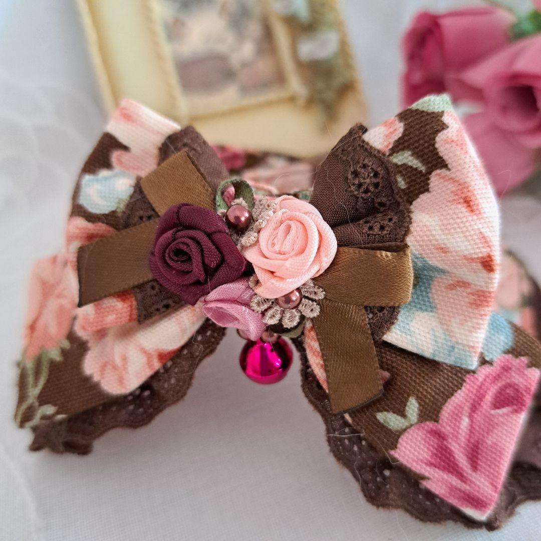 ローズ柄(ブラウン)わんちゃん猫ちゃん用襟付首輪