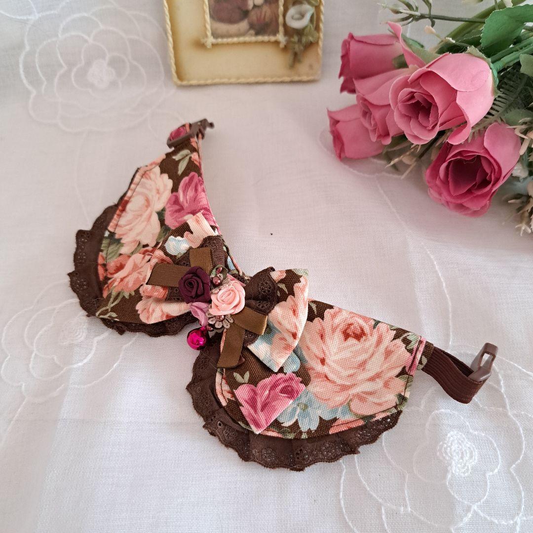 ローズ柄(ブラウン)わんちゃん猫ちゃん用襟付首輪