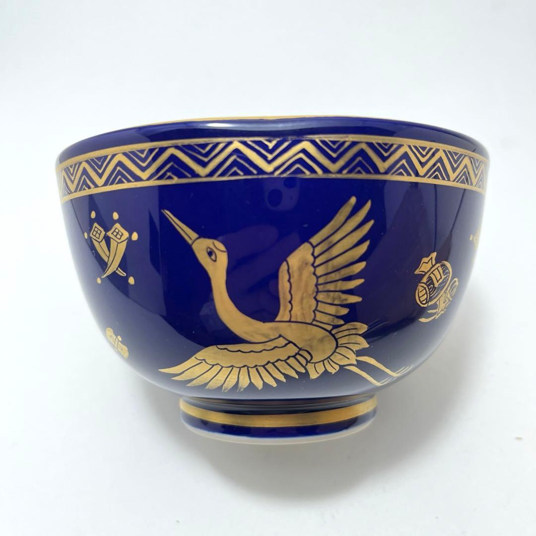 五山窯　林淡幽作　瑠璃金襴手鶴茶碗