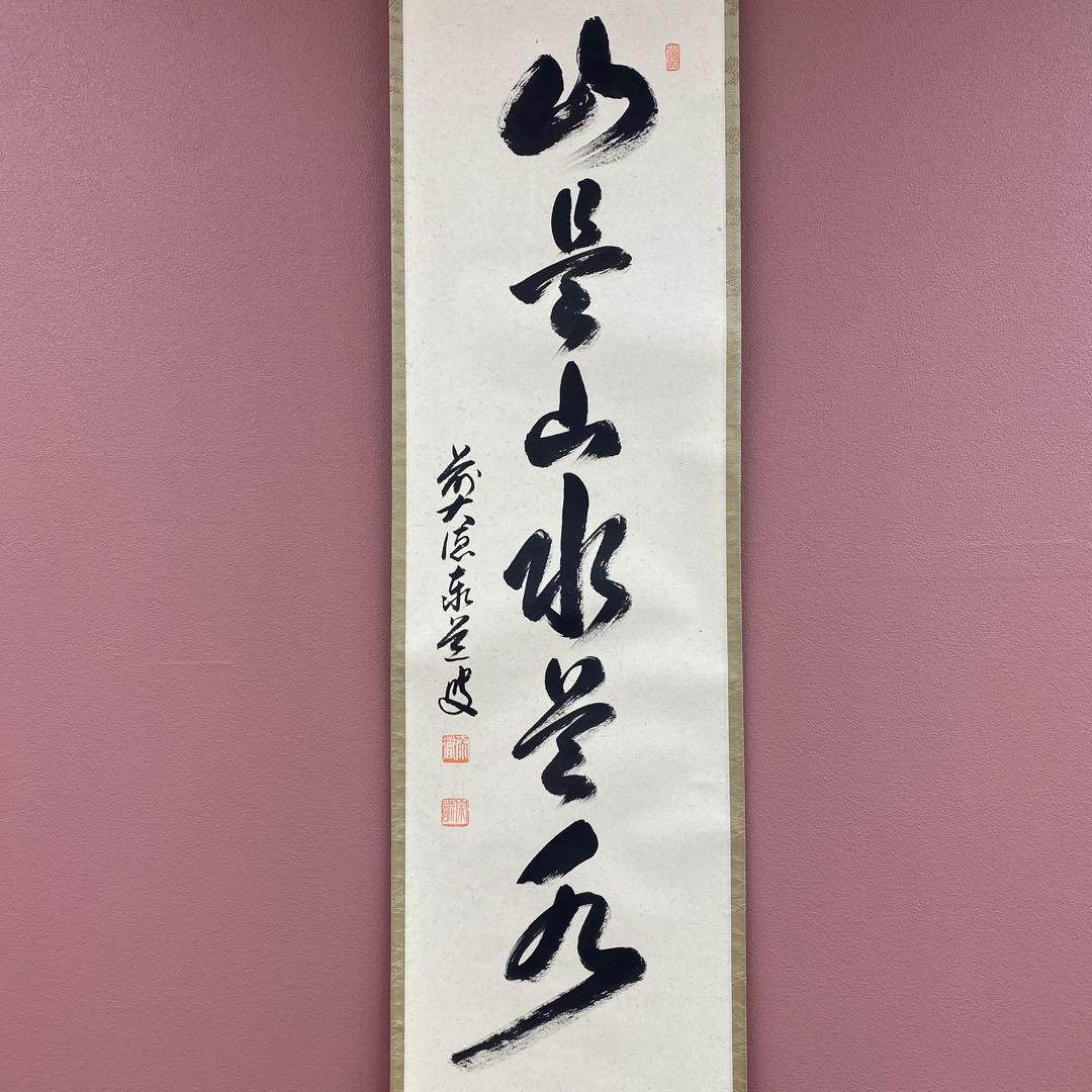 美品 掛け軸 瑞龍山雲澤禅寺 足立泰道作「山是山水是水」共箱 禅語 茶掛
