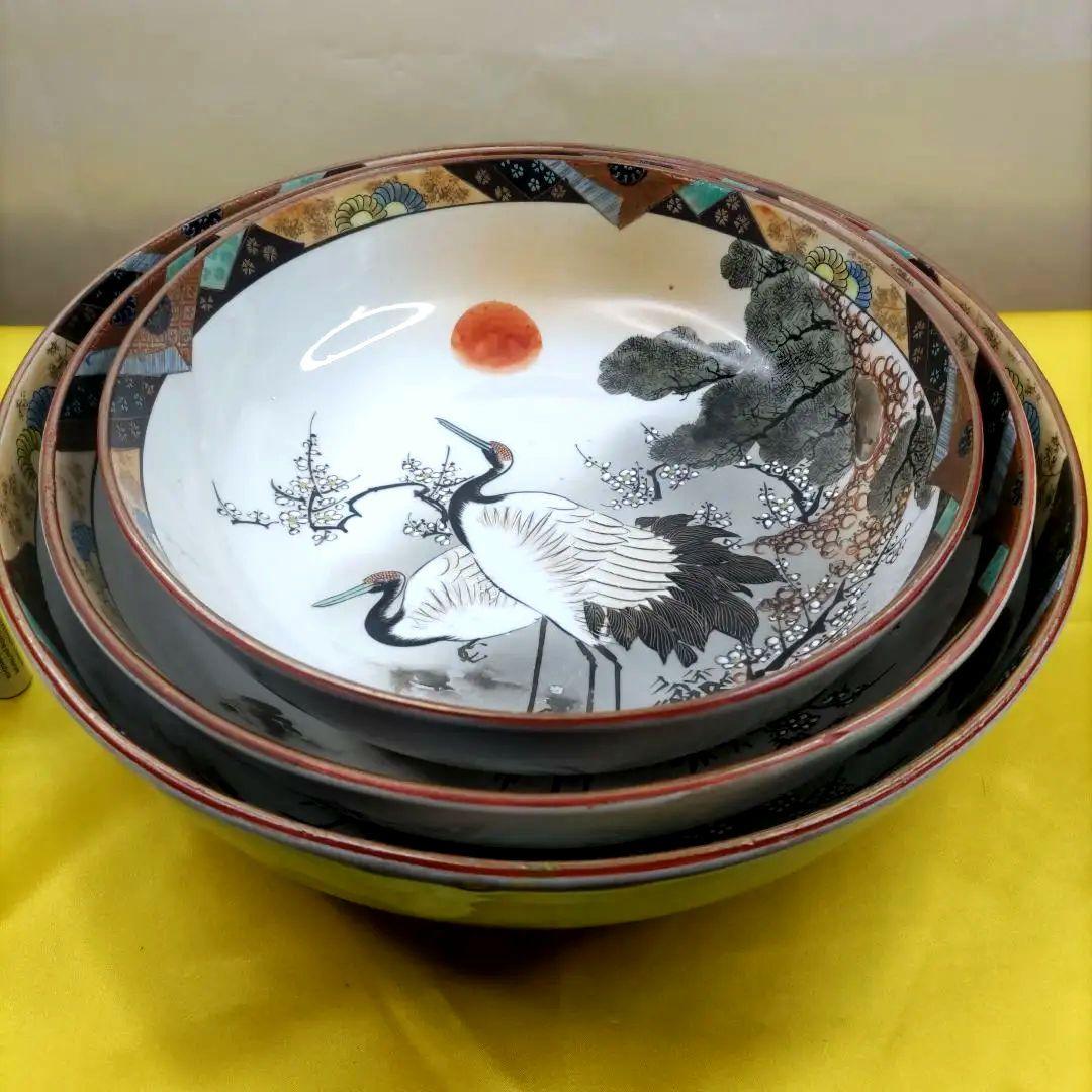 九谷焼　古九谷　金彩　色絵　三ツ鉢　小鉢　中鉢　大鉢　8寸9寸1尺鉢　3客セット