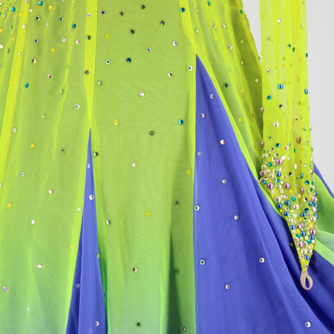 【美品 社交ダンス衣装】イエロー＆ブルー ワンピース ドレス スパンコール