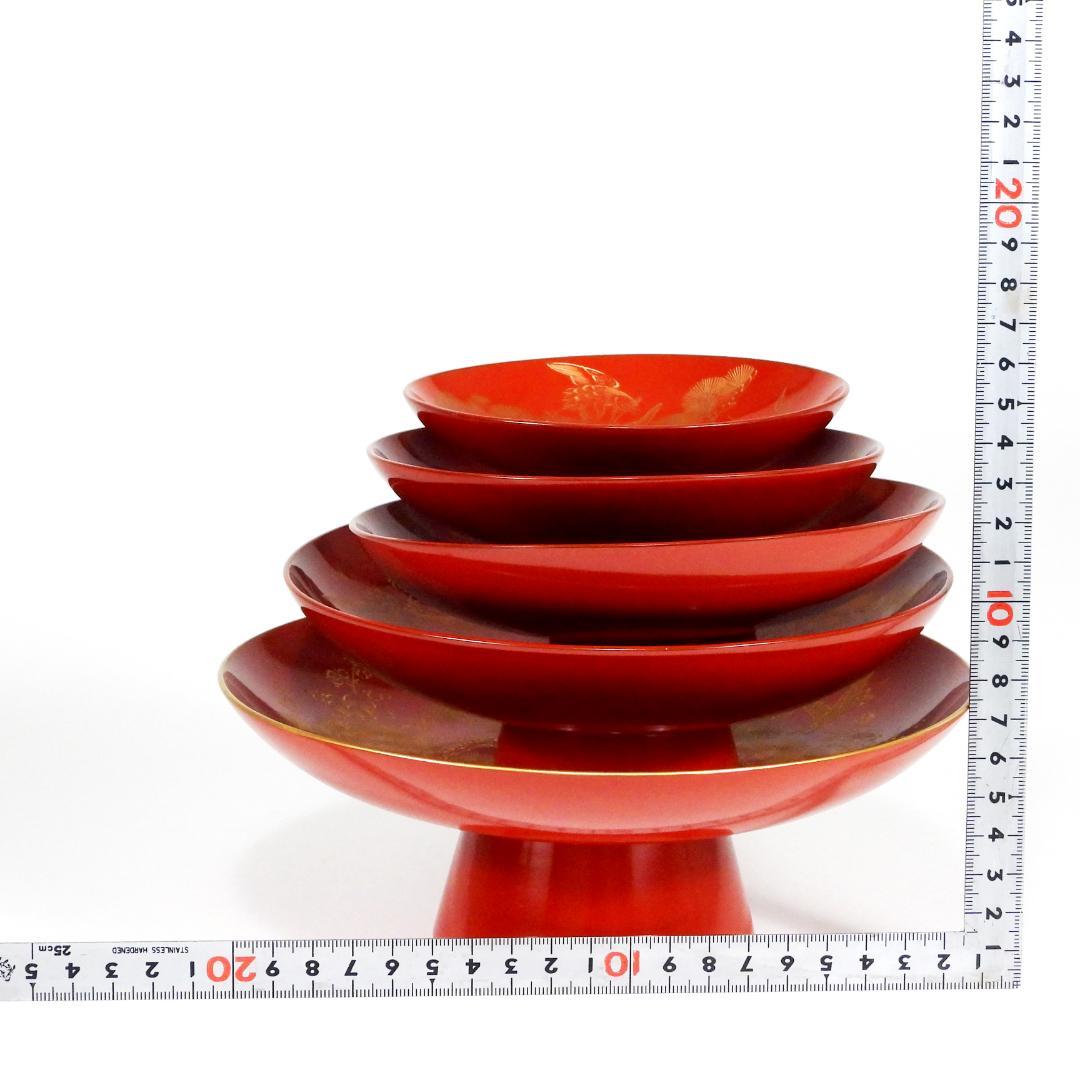 輪島塗 沈金 松竹梅 五段盃 杯台 酒器 天然木 漆塗り 漆芸 共箱