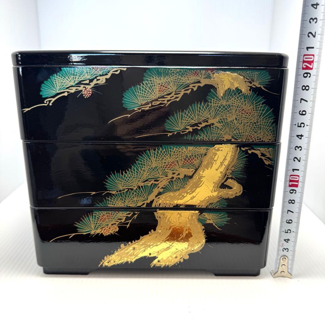 会津塗 三段重 松峯作 天然木 黒内朱 沈金 蒔絵 重箱 漆器 伝統工芸
