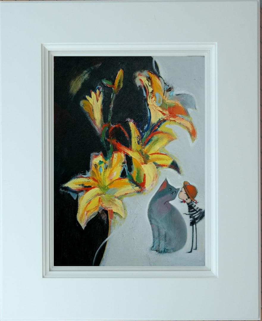 油絵 菅家令子 絵 絵画インテリア額付(白) uF6-050320 子猫と女の子