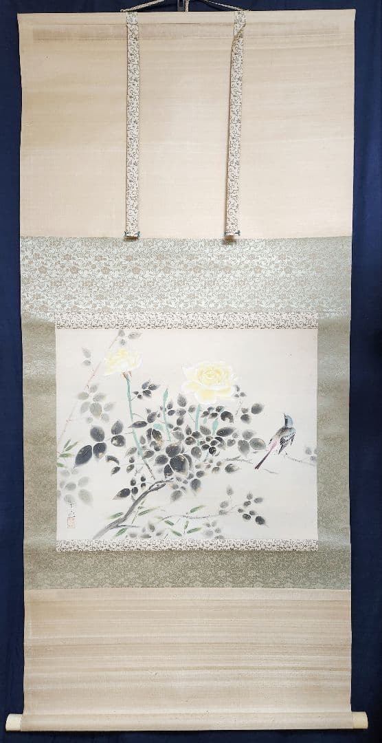 【薔薇小禽図】新村友畝 2695 バラ 掛け軸 肉筆 共箱 荒木十畝門下