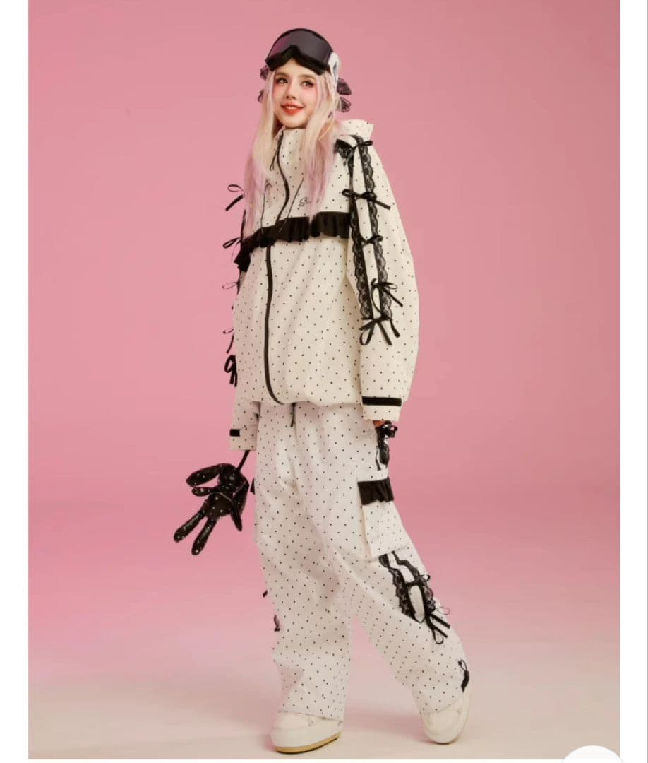 スノーボードウェア韓国　水玉リボン黒