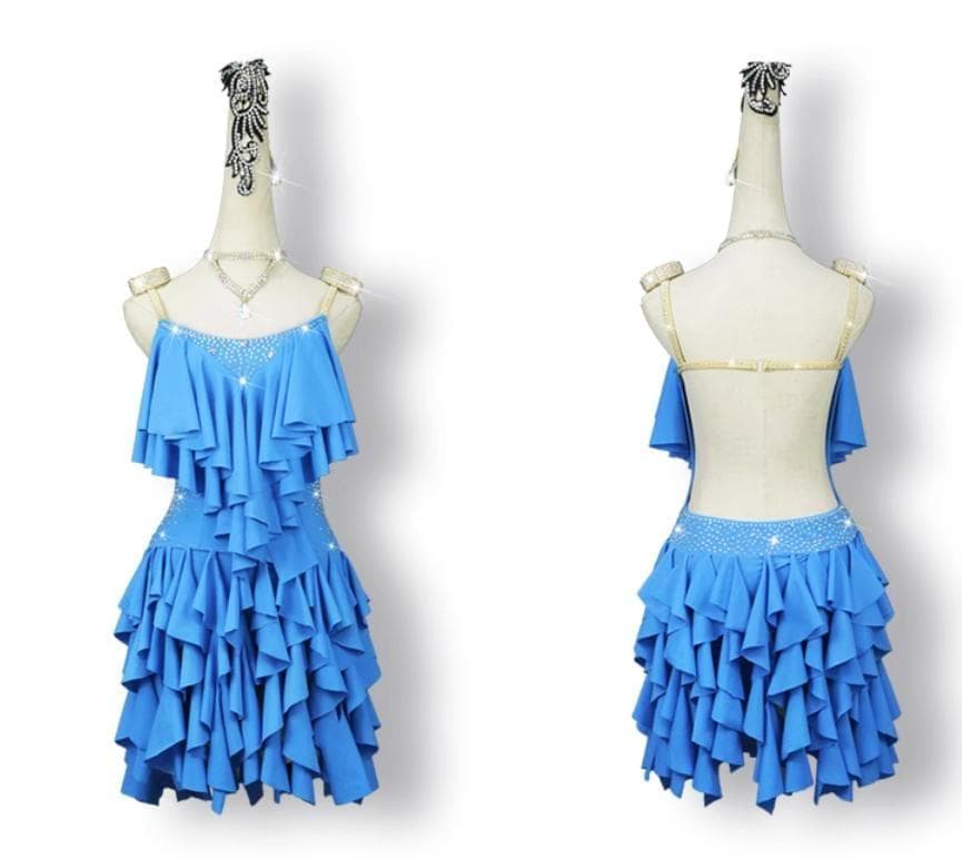 新品未使用 社交ダンス衣装 ラテンワンピースドレス 空ブルー オーダーメイド