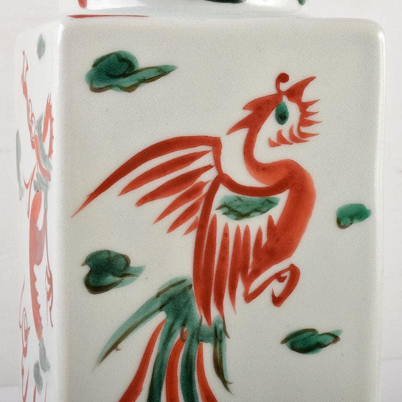 京焼　三浦竹軒造　赤絵　雲龍鳳凰文　四方瓶　共箱　M　R4967B