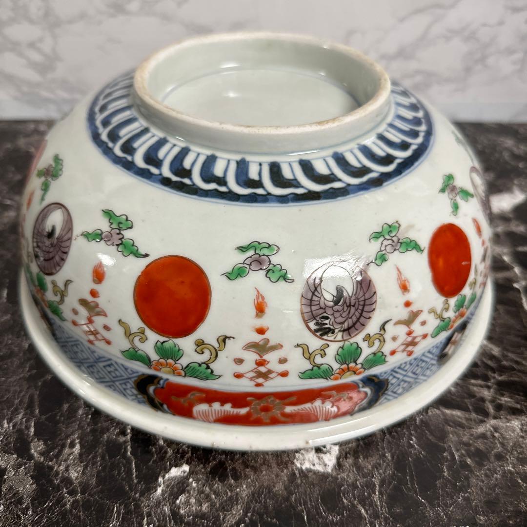 古伊万里、染錦、花鳥図、赤玉、中鉢。