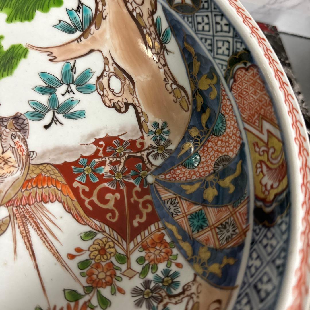 古伊万里、染錦、花鳥図、赤玉、中鉢。