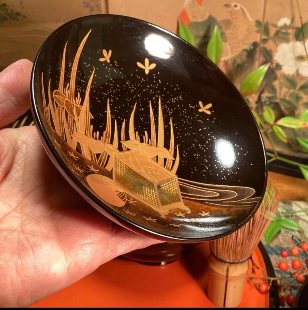 A1060 木製輪島塗　懐石道具　衝羽根に流水菖蒲　吸物椀　蒔絵　2客