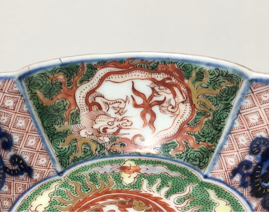 継続出品 江戸時代 有田焼 献上 古伊万里 色絵 団鳳凰雲龍文 木瓜型小鉢