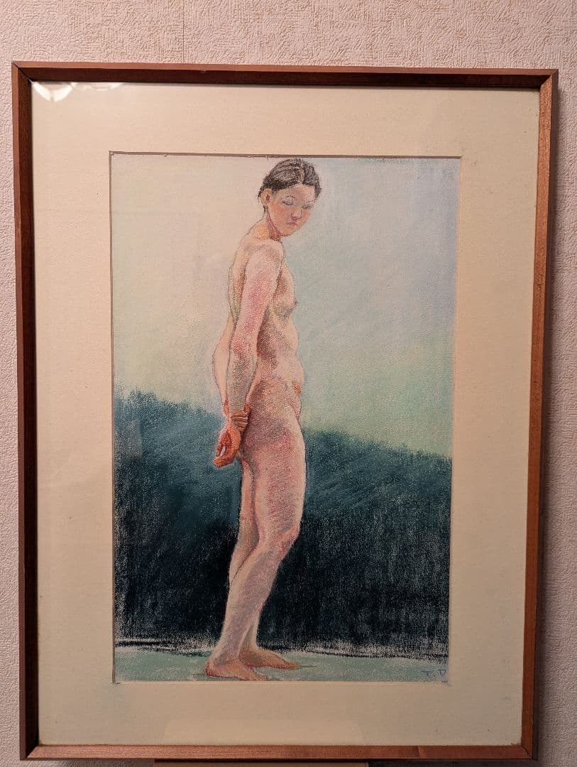 パステル画 思う モデルを使った絵 木製額ガラス入り