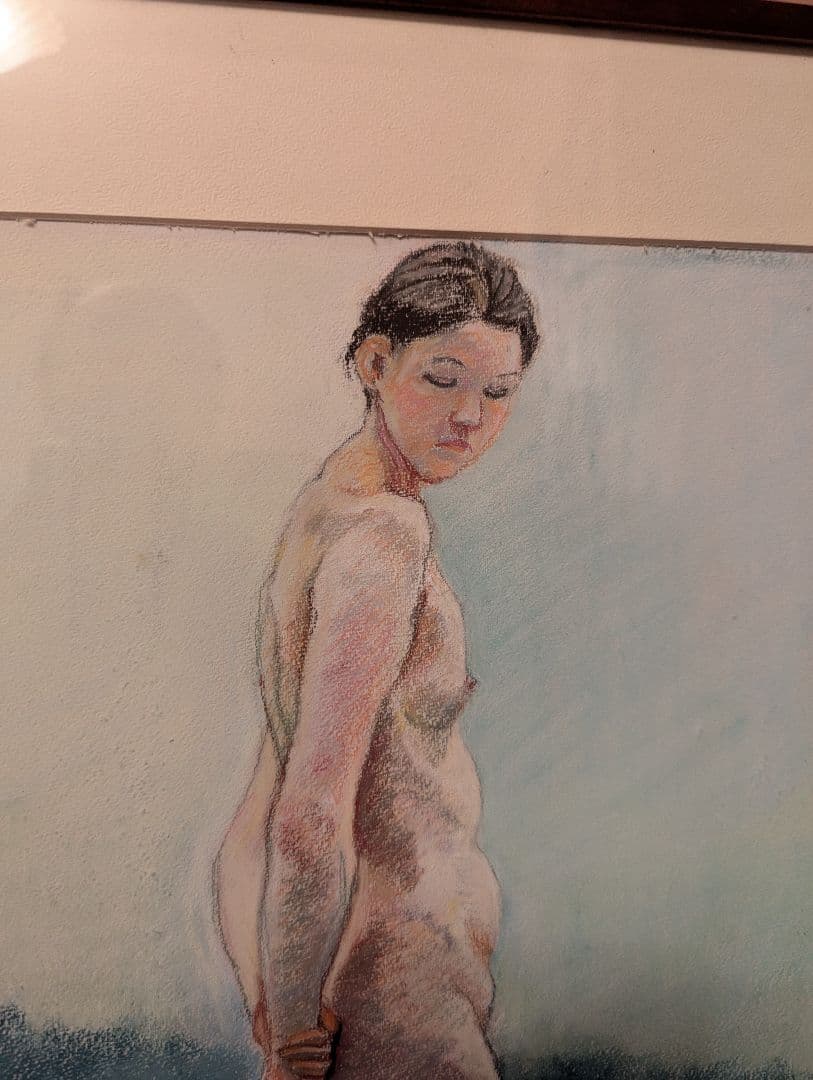 パステル画 思う モデルを使った絵 木製額ガラス入り