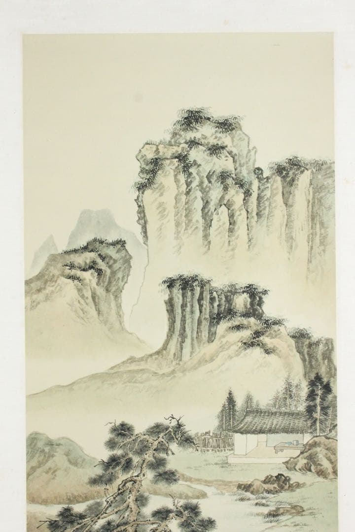 No5570掛軸　無落款　山水図　紙本着色　唐画　中国画　古画　古美術　送料無料